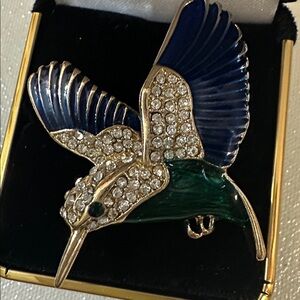 Vintage Marked Humming Bird 1970s/80s Blue and Green Bird W/ Swarovski Brooch